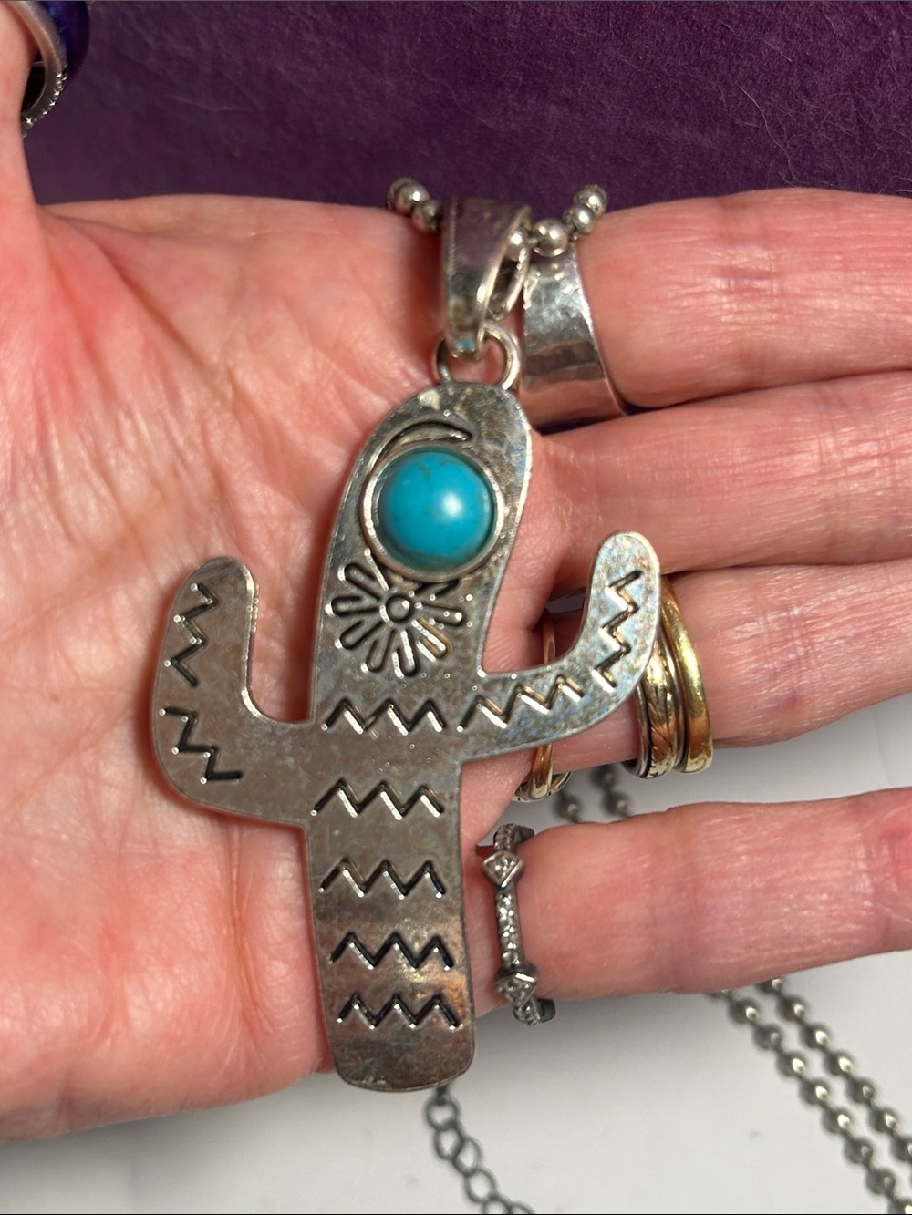 Southwestern Turquoise Cactus Pendant Necklace - Silver Tone - Picture 3 of 11